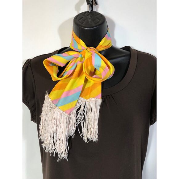 Striped Scarf in Pink Yellow Blue Orange, Retro Vintage Fringed Pastel Office - Picture 10 of 10